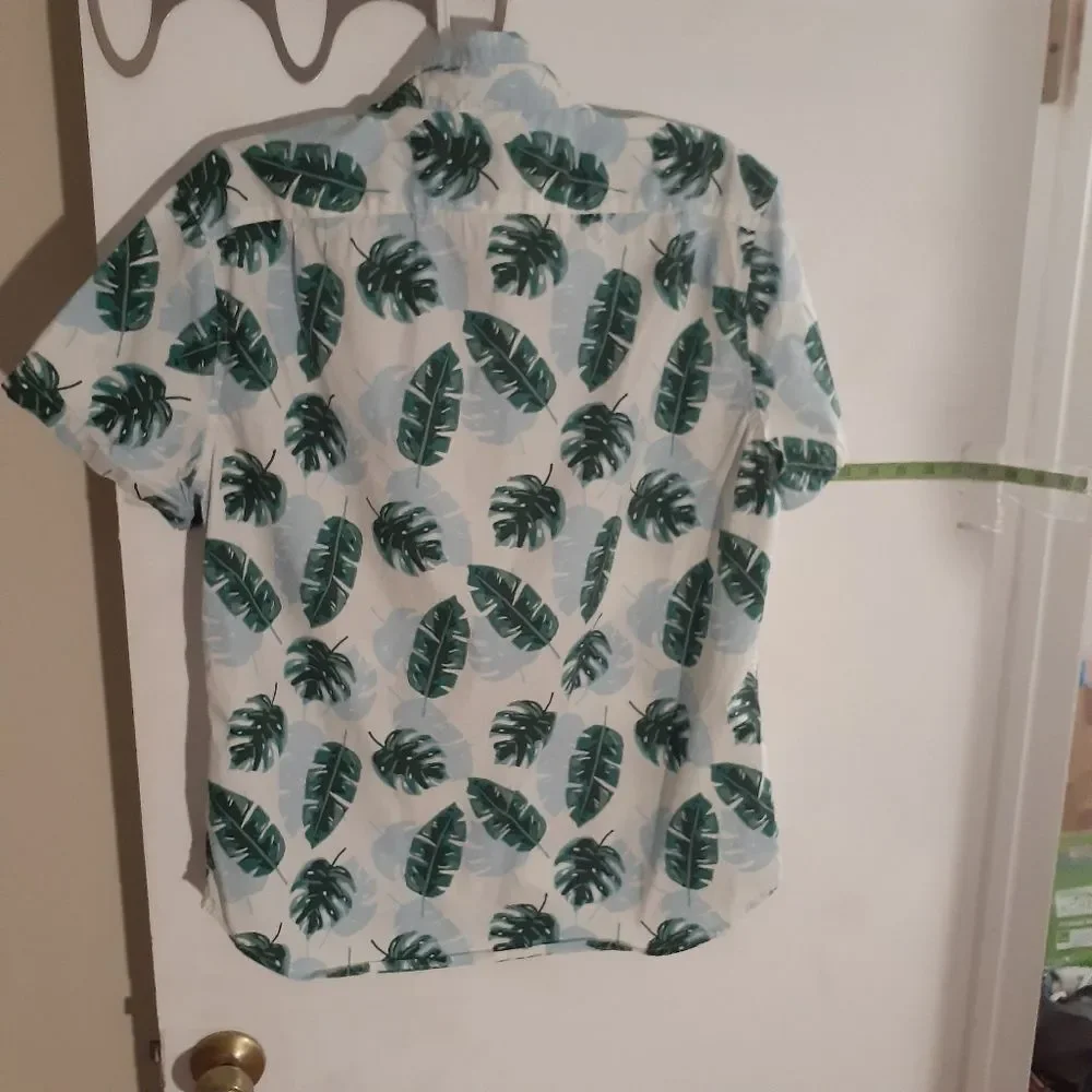 J.Crew shirt mens L slim blue green tropical hawaiian summer Flex Washed top